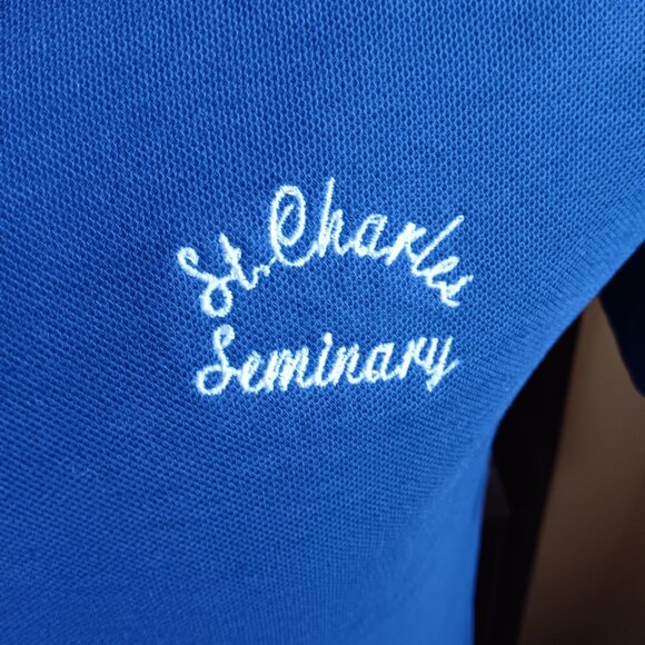 Vintage Mens Polo Shirt LARGE 80's CHAMPION KNIT EMBROIDERED SEMINARY BLUE GOLF - Picture 3 of 9